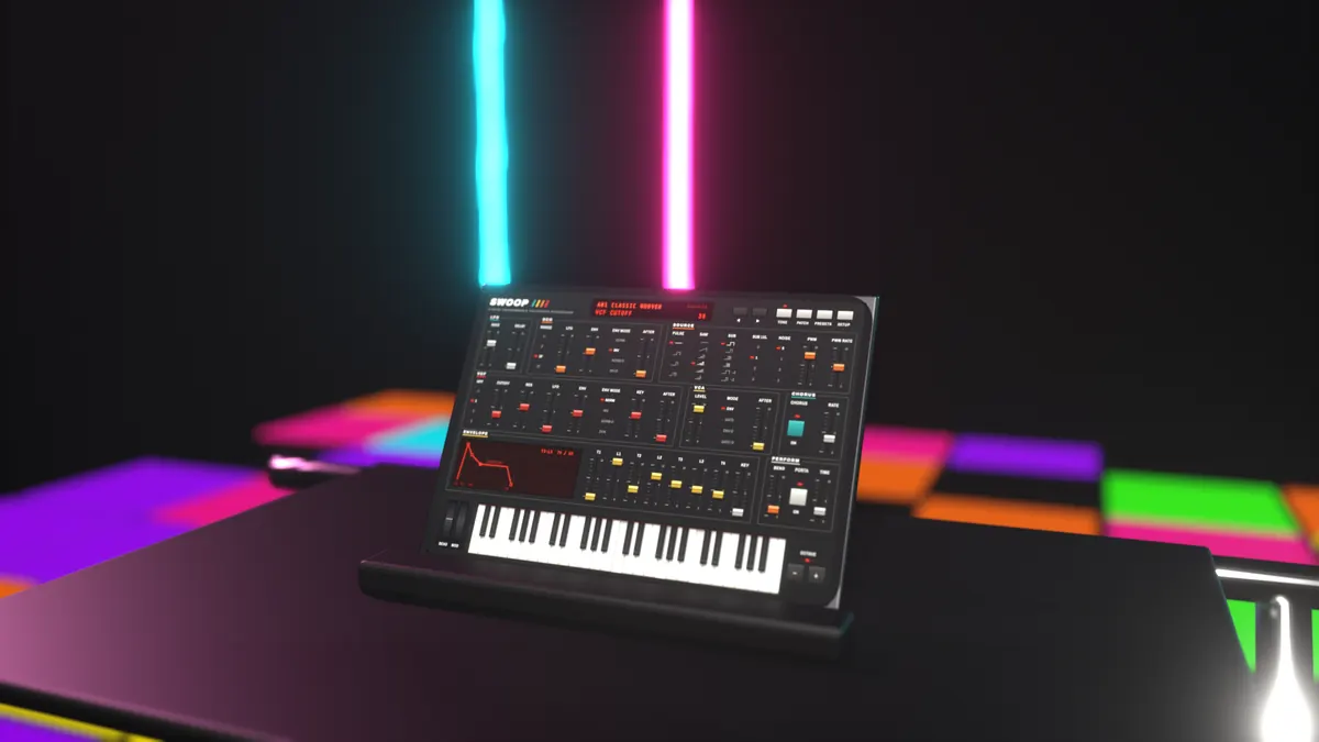 Swoop running on an iPad on a stand, lit by neon tubes over a disco floor