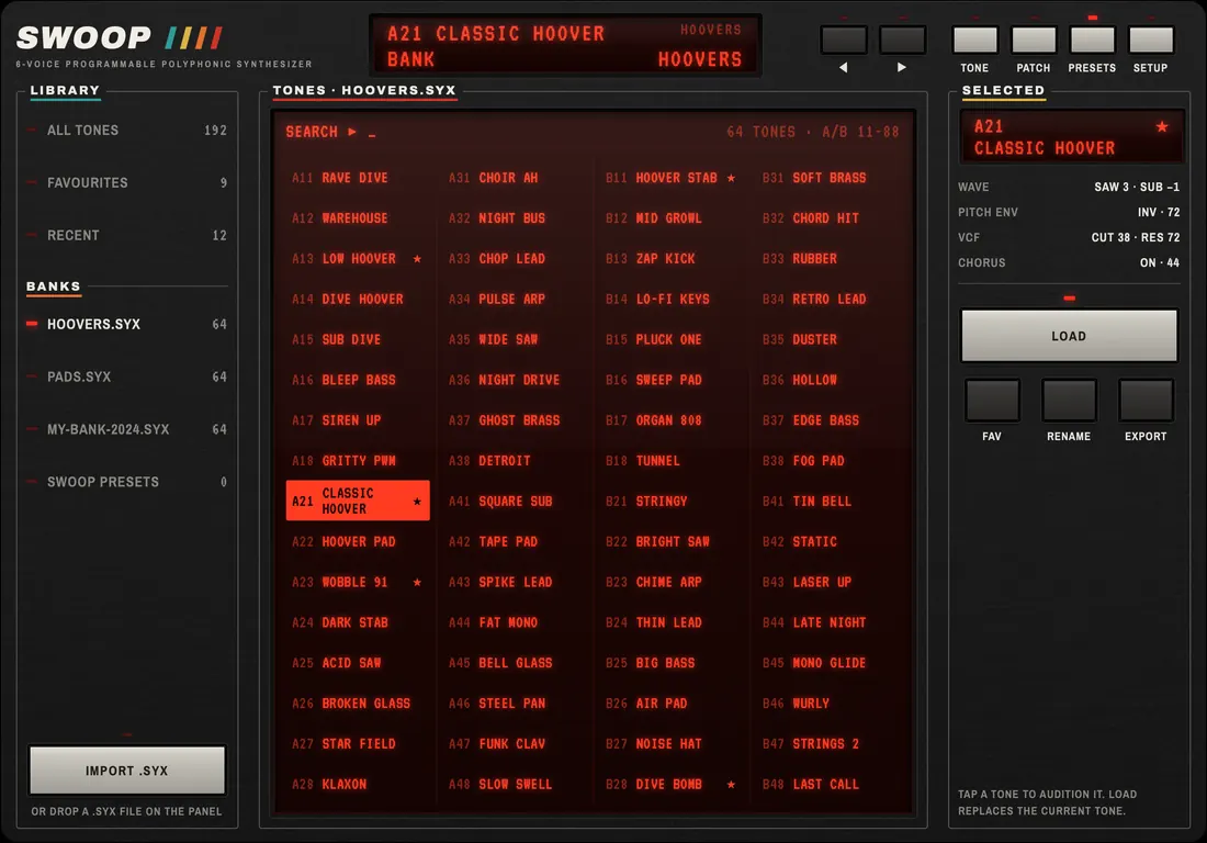 The Swoop preset browser listing banks and tones